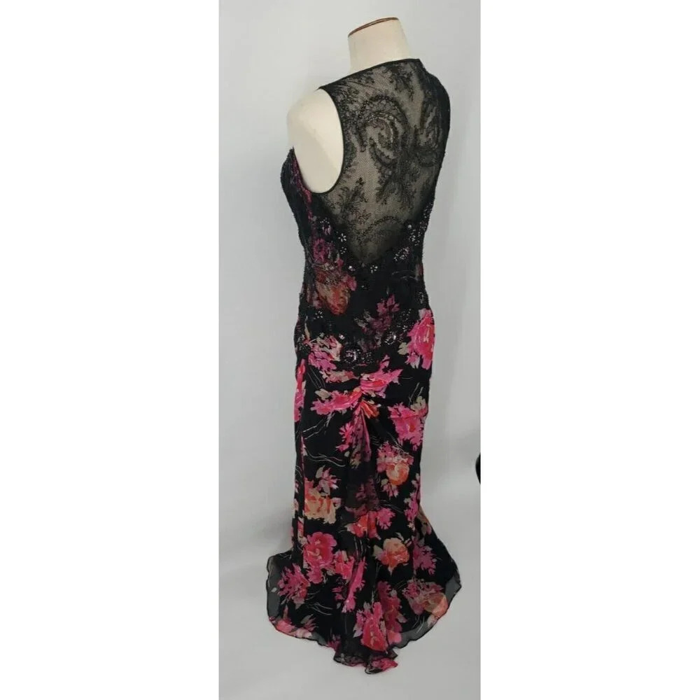 Ricki Freeman Teri Jon Silk Floral Sequin Beaded Halter Maxi Dress Sz 12